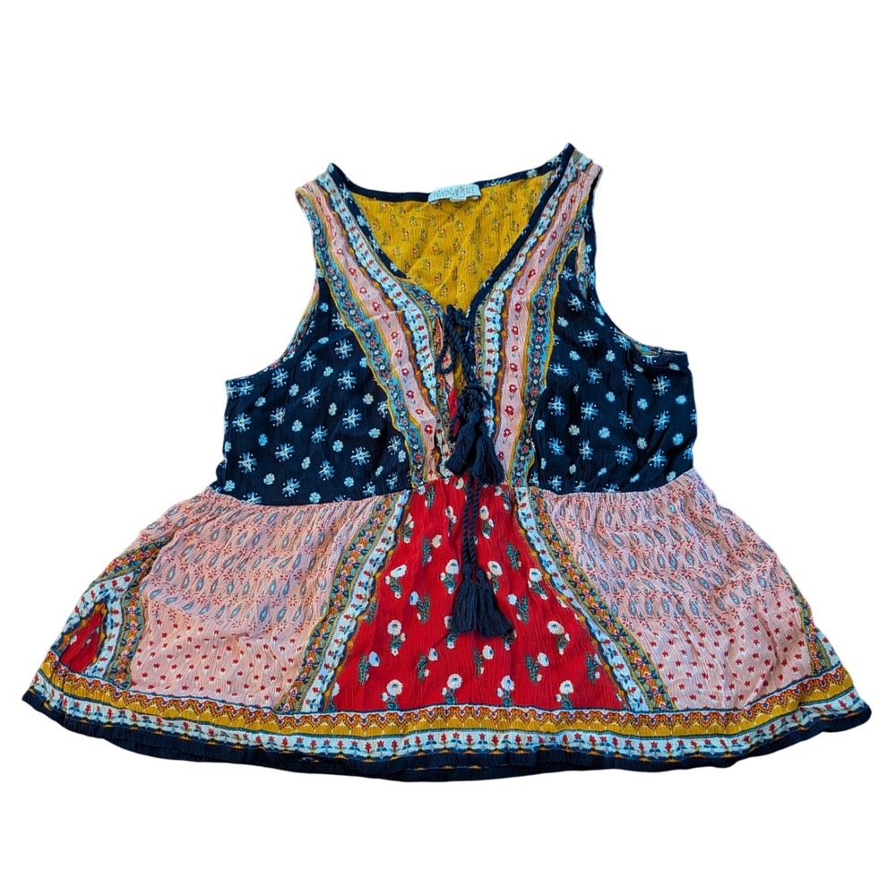 Patrons of Peace Womens SM Boho Mixed Print Color Tassel Peplum Sleeveless Top